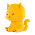 Yellow plush cat toy with a content expression on a white background.