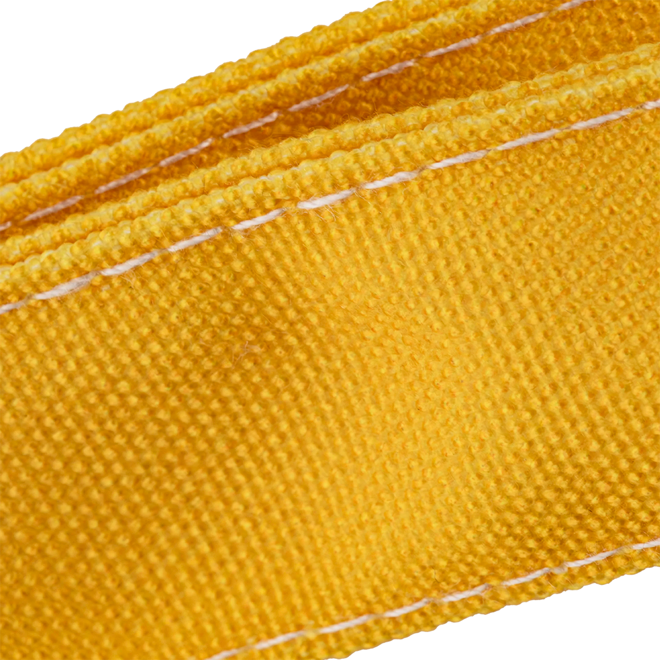 Close-up of a yellow bag strap with white stitching on a white background.