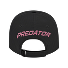 Back view of black baseball cap with pink embroidered Predator text against white background.