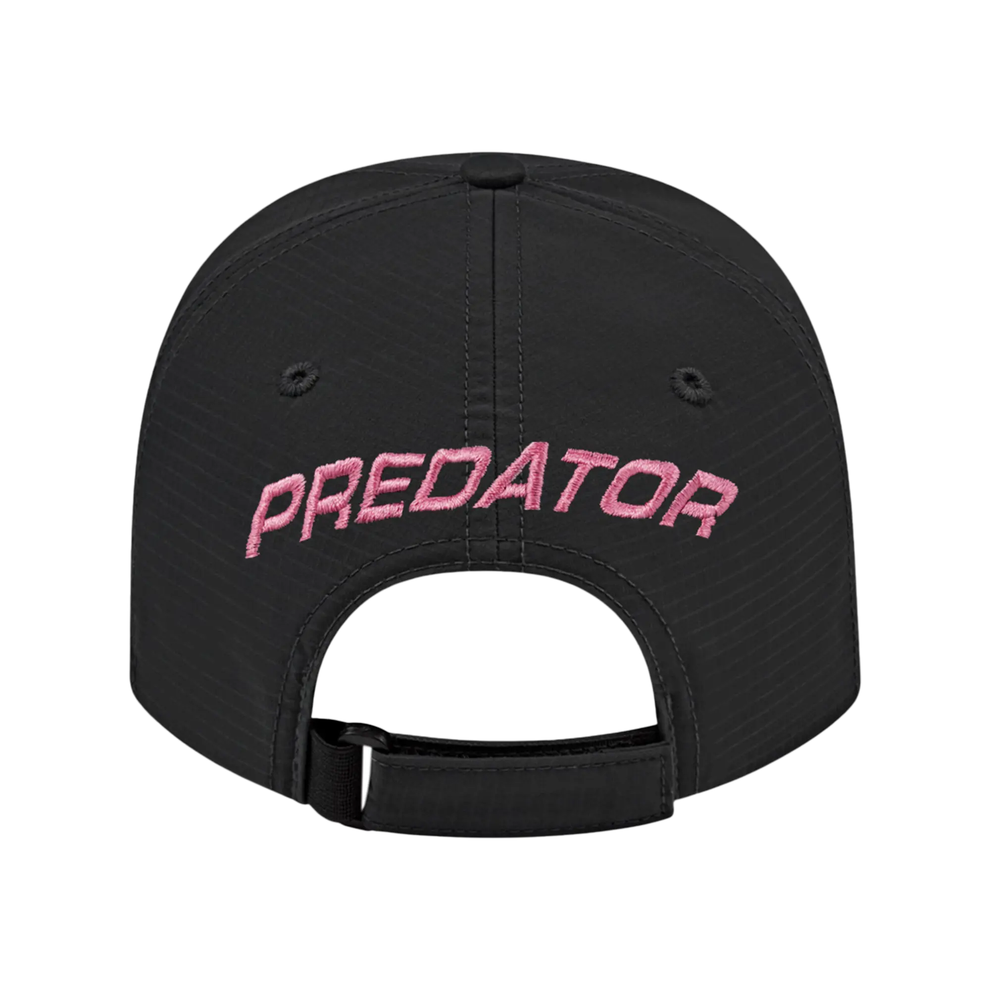 Back view of black baseball cap with pink embroidered Predator text against white background.