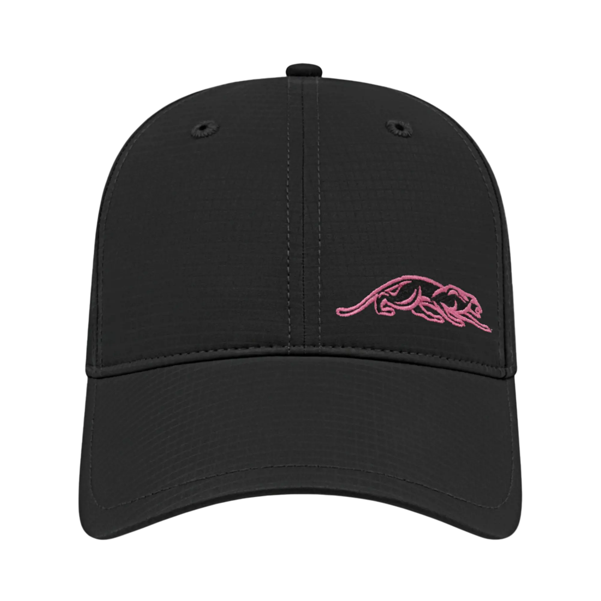Black ball cap with pink embroidered panther logo against a white background.
