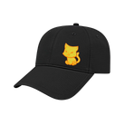 Black ball cap with gold embroidered cat on a white background.