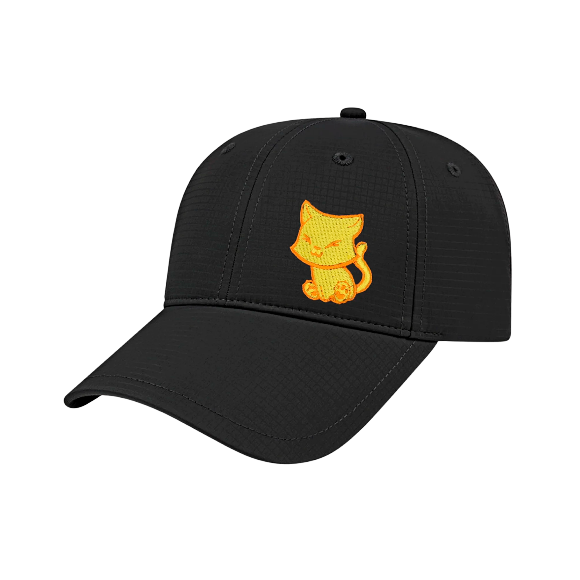 Black ball cap with gold embroidered cat on a white background.