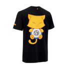Black t-shirt back side with a yellow cat graphic