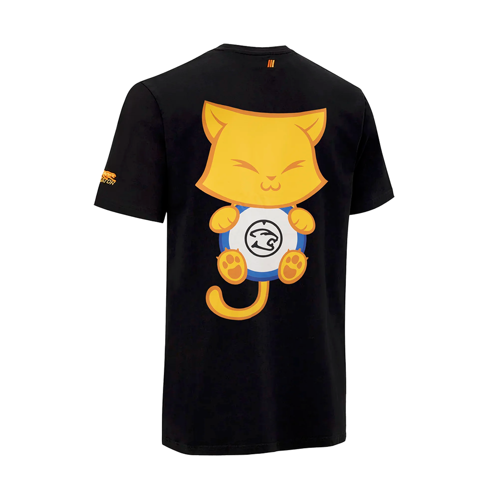 Black t-shirt back side with a yellow cat graphic