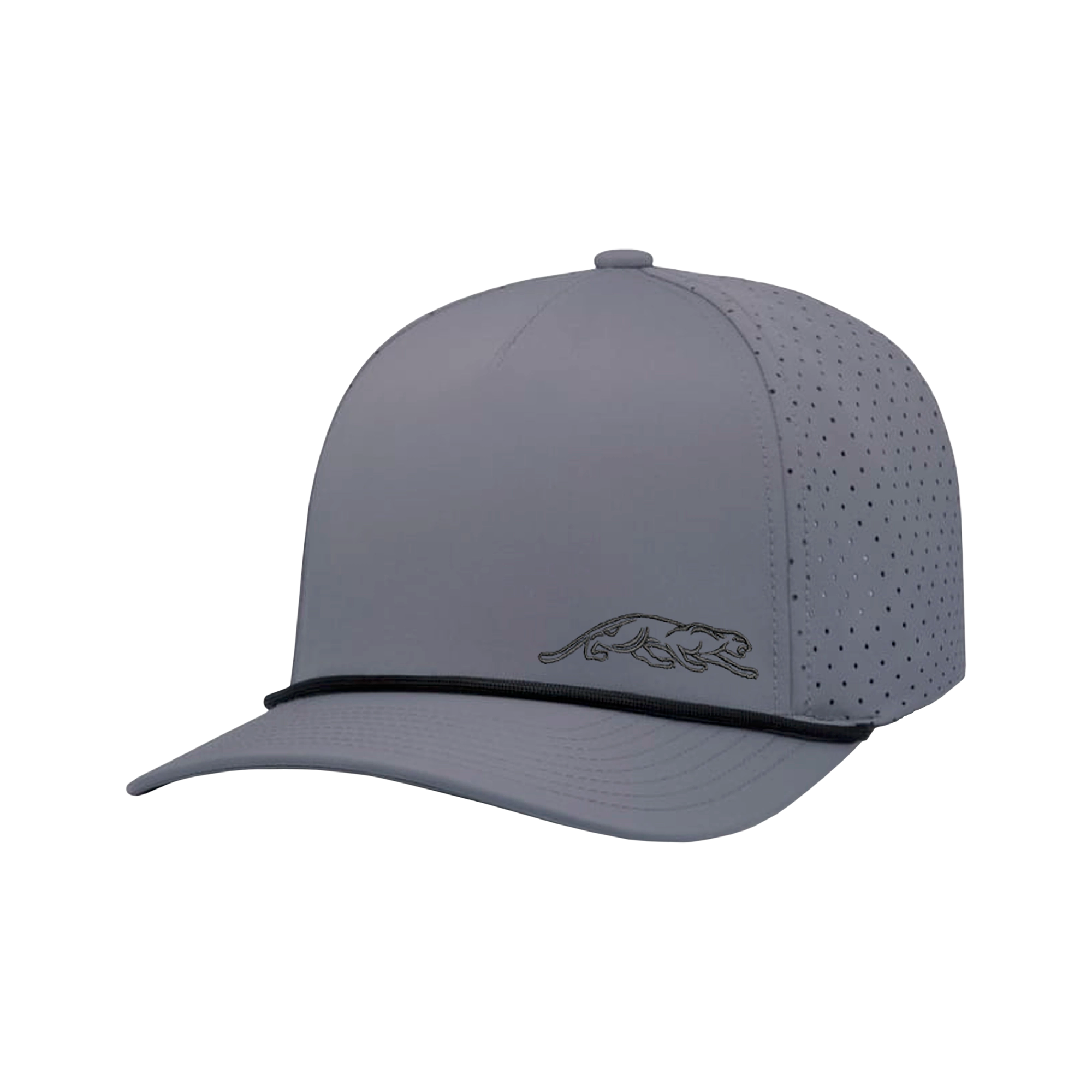 Grey baseball cap with embroidered panther logo against a white background.