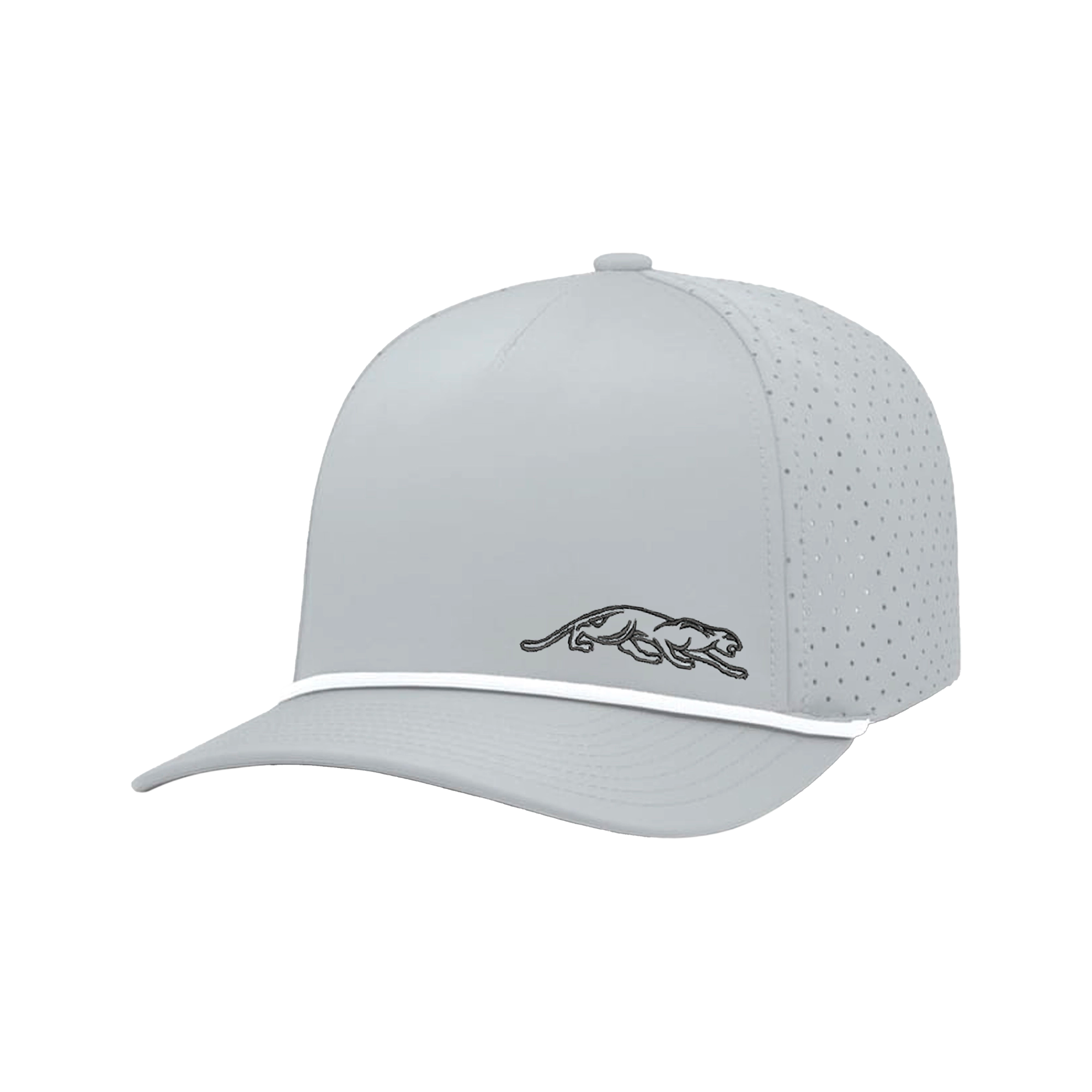 Light grey ball cap with black panther logo against a white background.