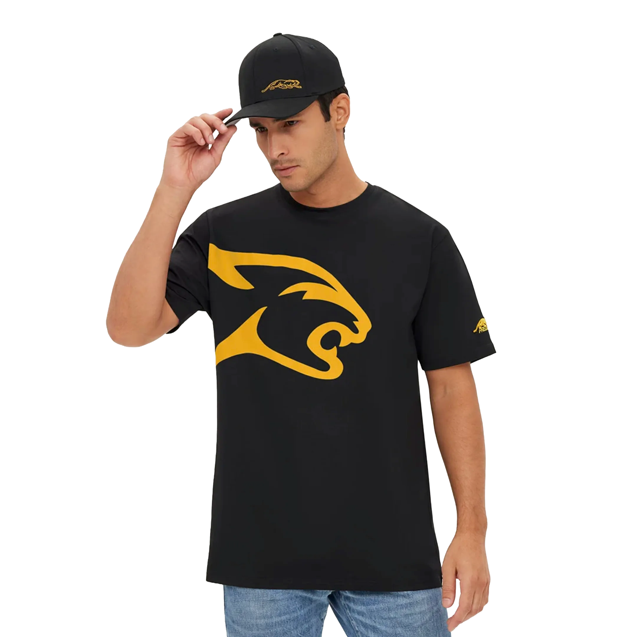Man wearing a black t-shirt with a yellow Predator cat logo and a matching black cap