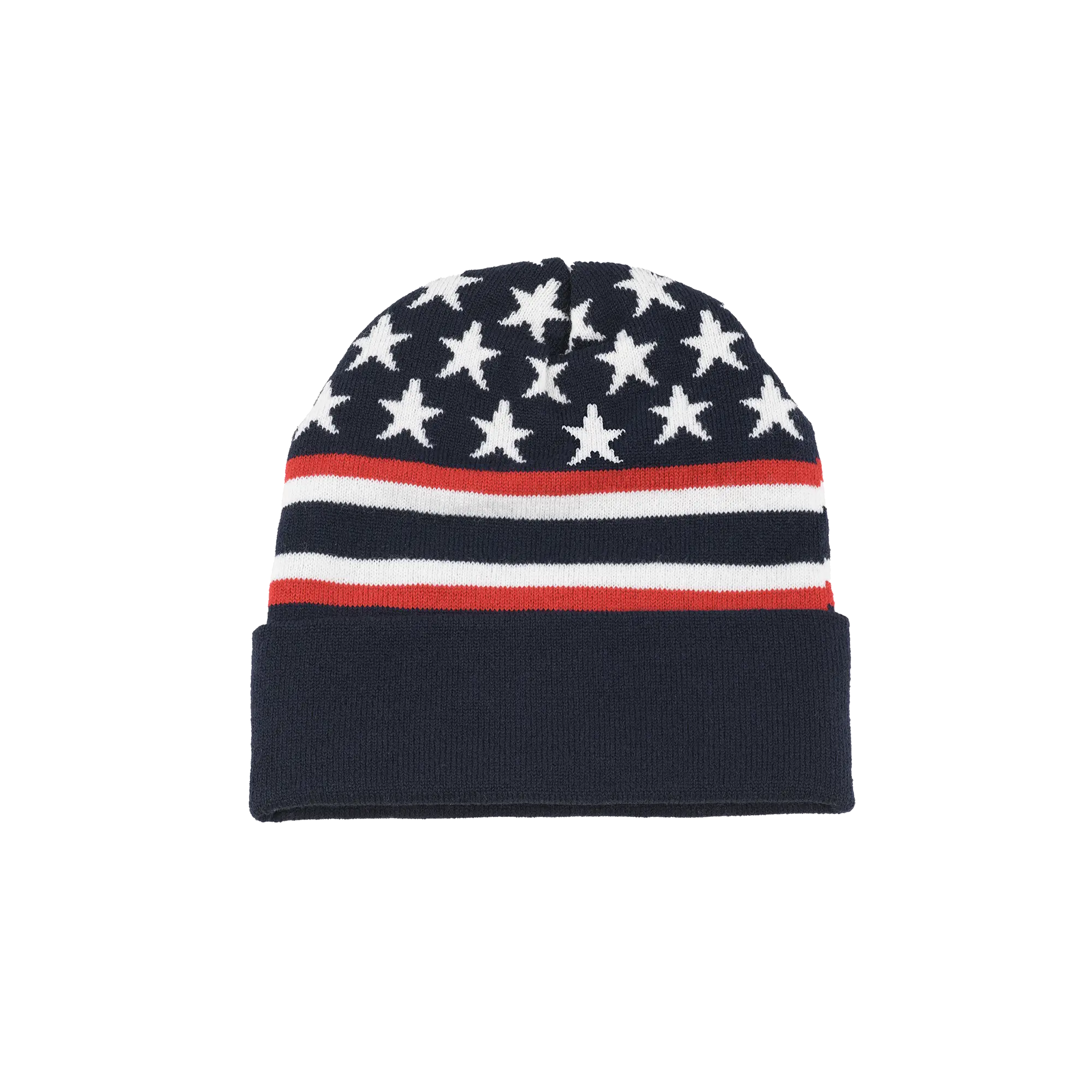 Red, white, and blue beanie with stars and stripes against a white background.