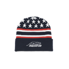 Navy blue beanie with white stars, red and white stripes and white Predator logo against a white background.