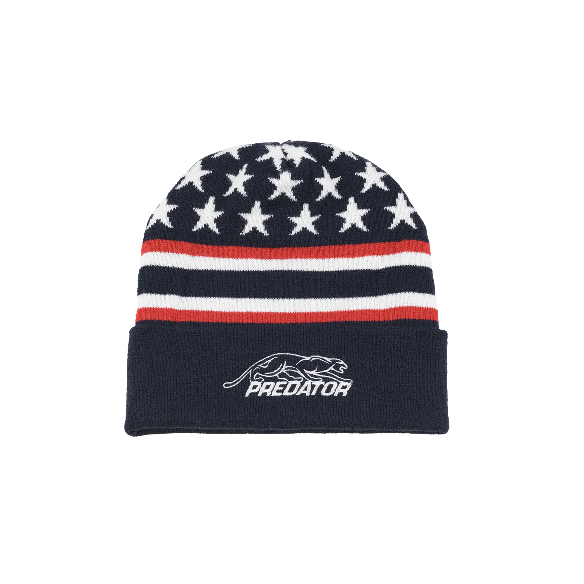 Navy blue beanie with white stars, red and white stripes and white Predator logo against a white background.
