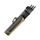 Black and gold pool cue case with several pool cues inside with PREDATOR branding