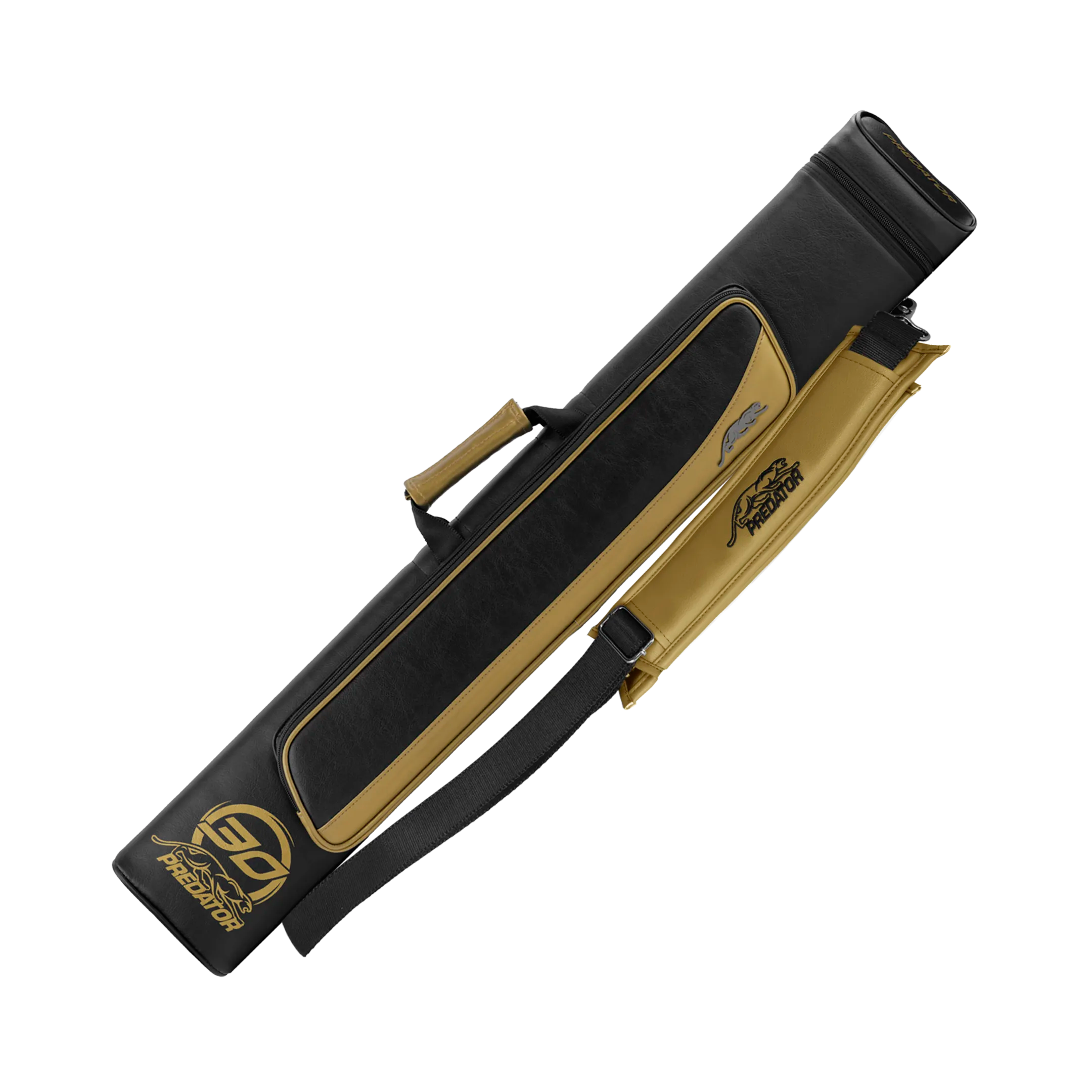 Black and gold pool cue case with a PREDATOR brand logo