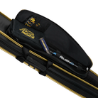 Black and gold pool cue case with unzipped pocket containing RWipes and Predator branded accessories