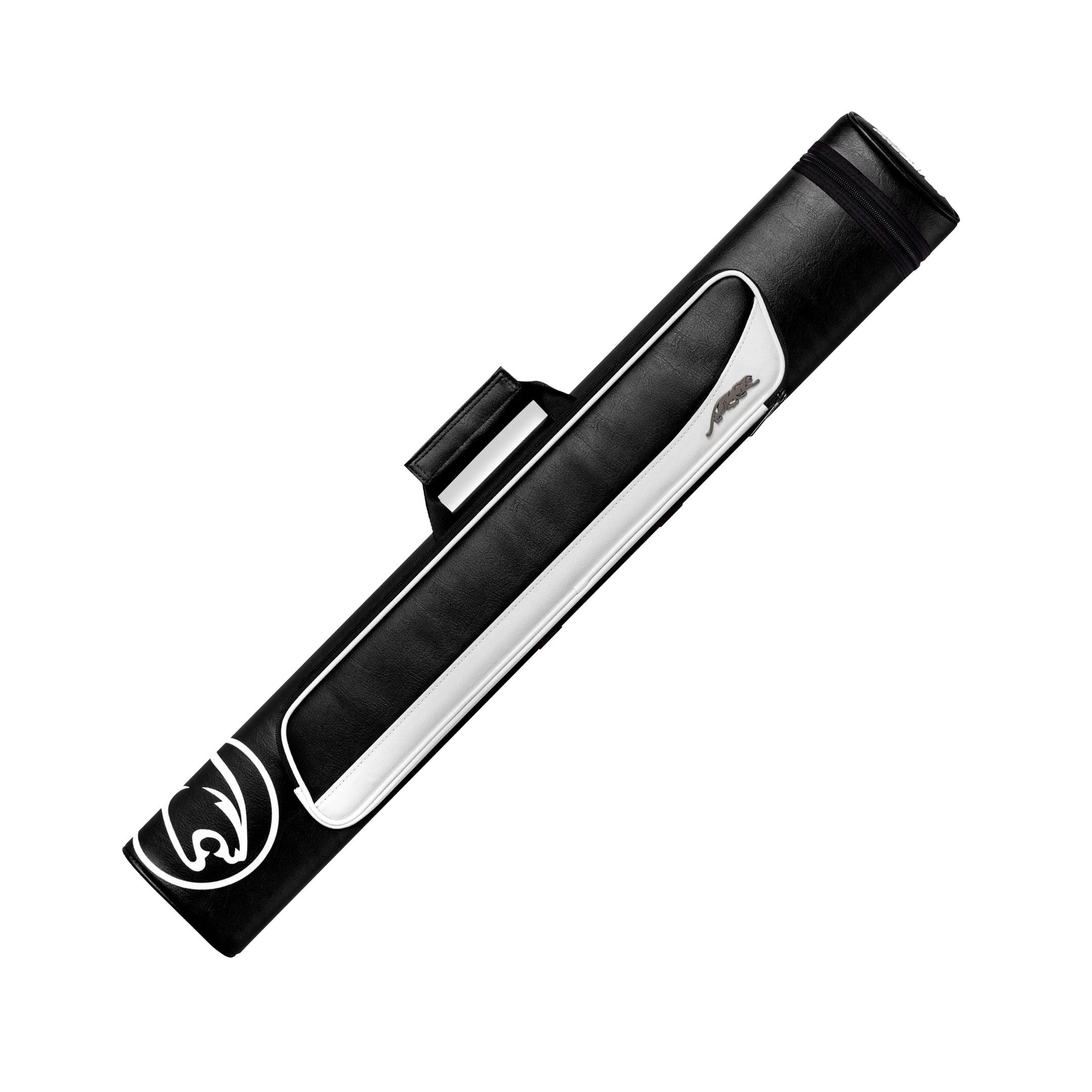 Black and white pool cue case with a cat head logo on a white background.