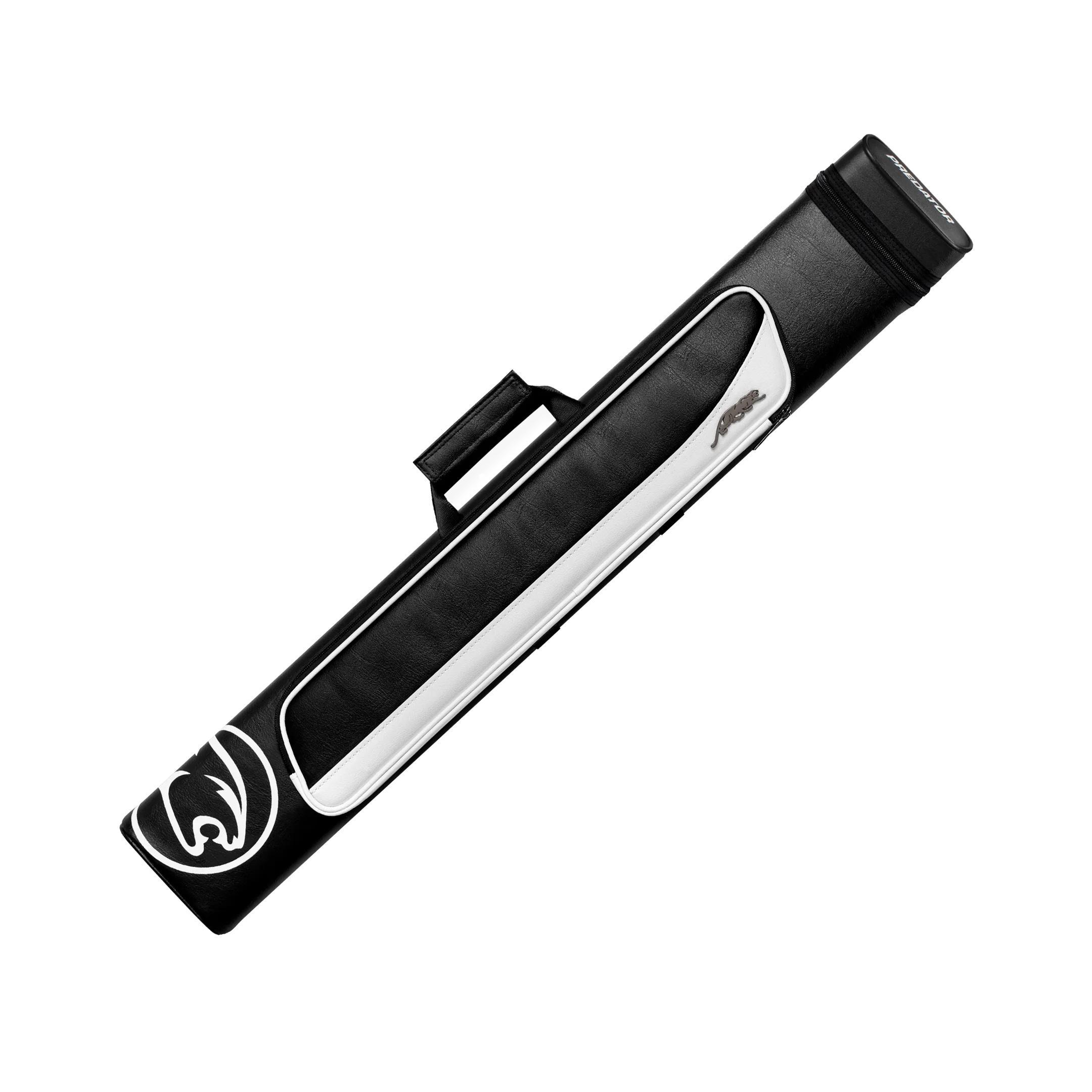 Black and white pool cue case with a cat head logo