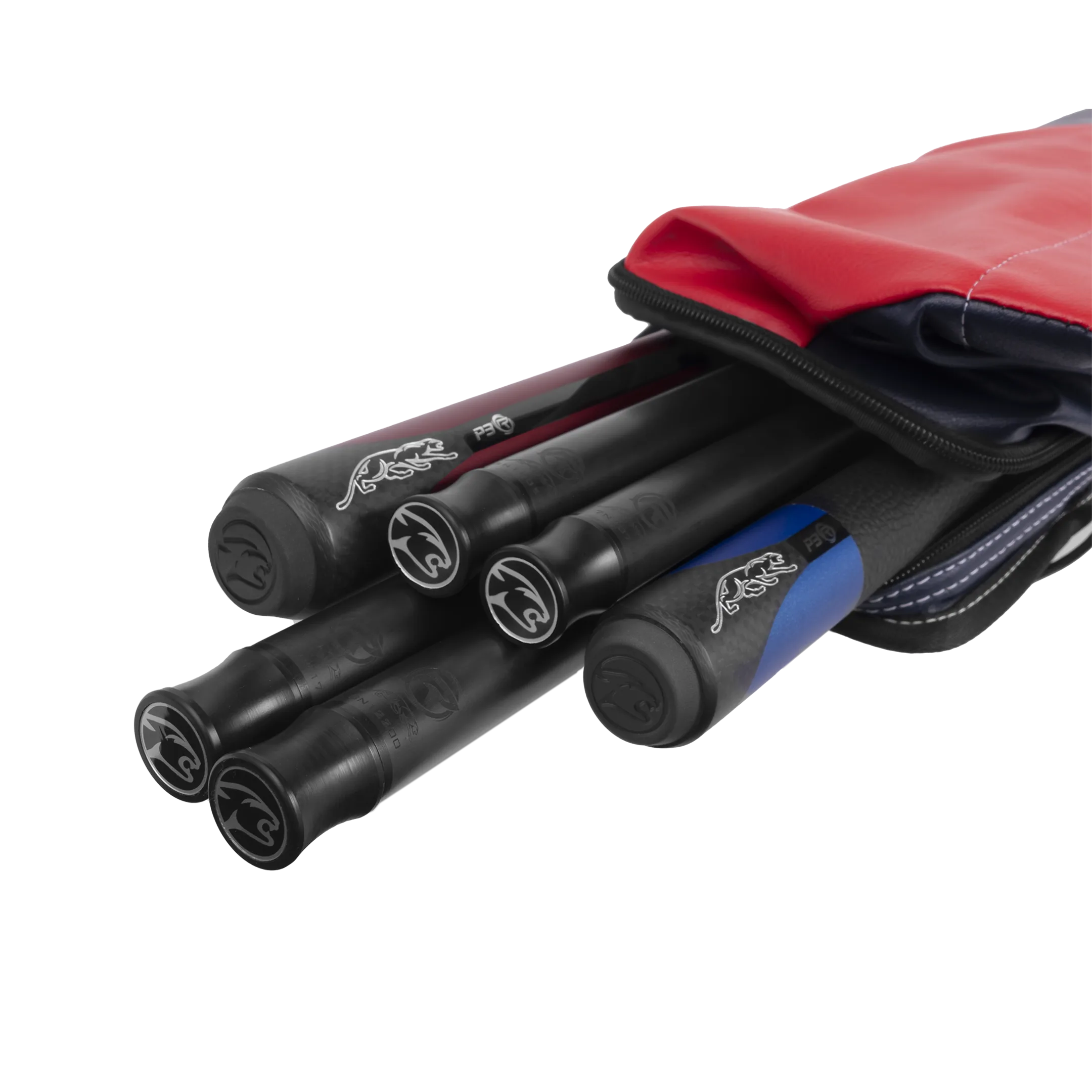 Set of rolled-up pool cues in a red case