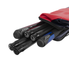 Set of rolled-up pool cues in a red case