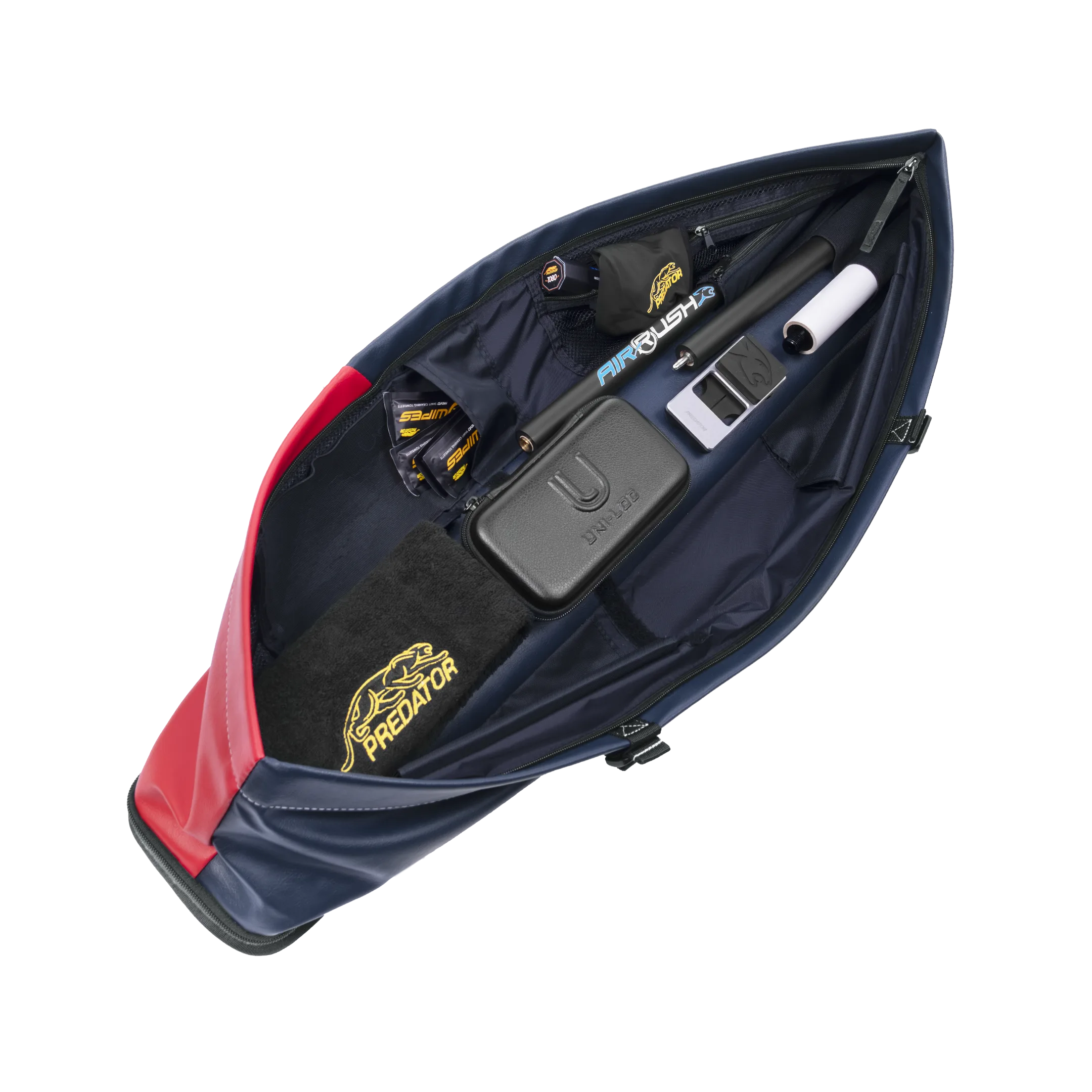 Unzipped blue and red pool cue case containing various PREDATOR branded accessories