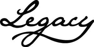 Legacy cue case logo in cursive script