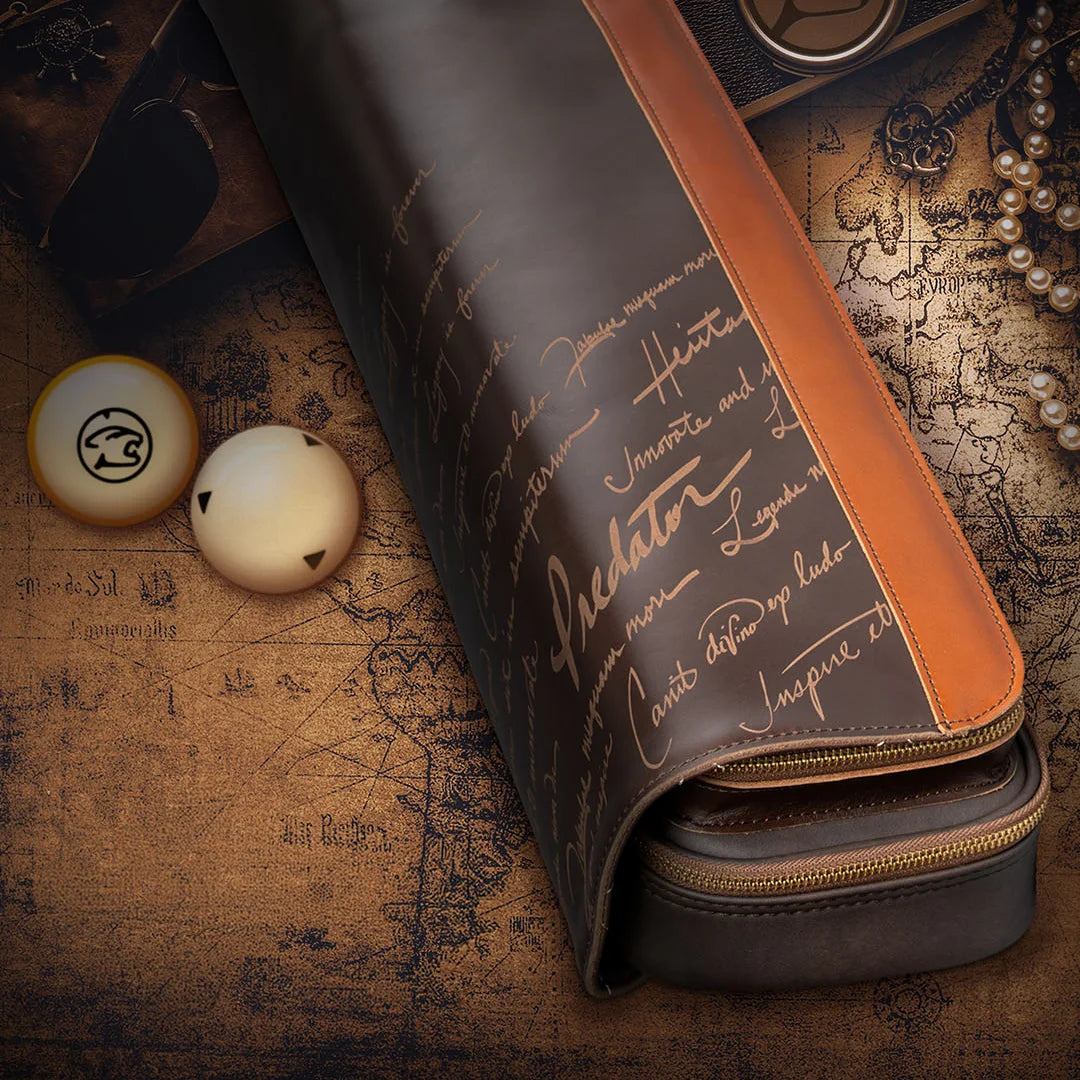 Leather Predator Legacy pool cue case with script on a vintage map background