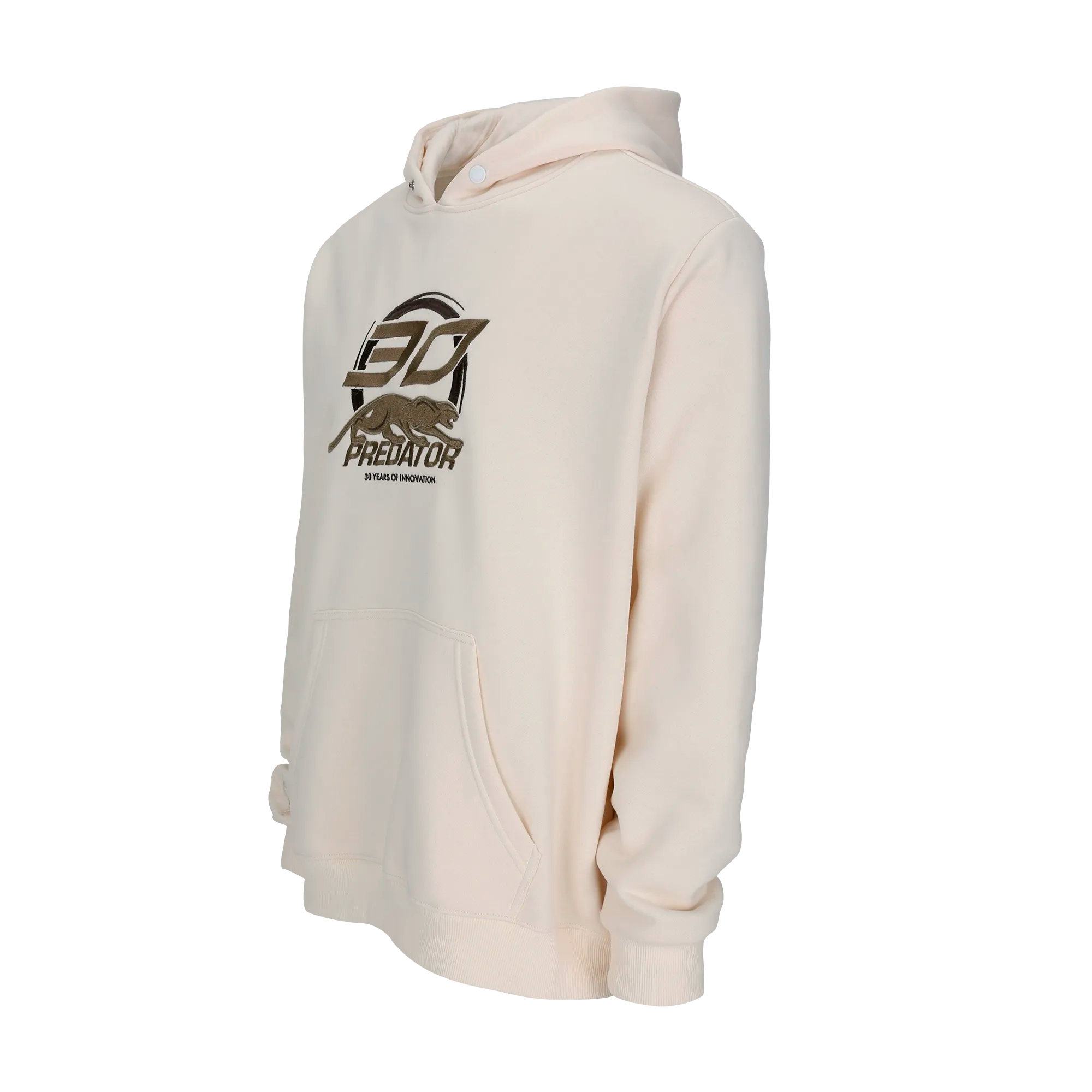 Beige hoodie with light and dark brown 30 PREDATOR logo on a white background.