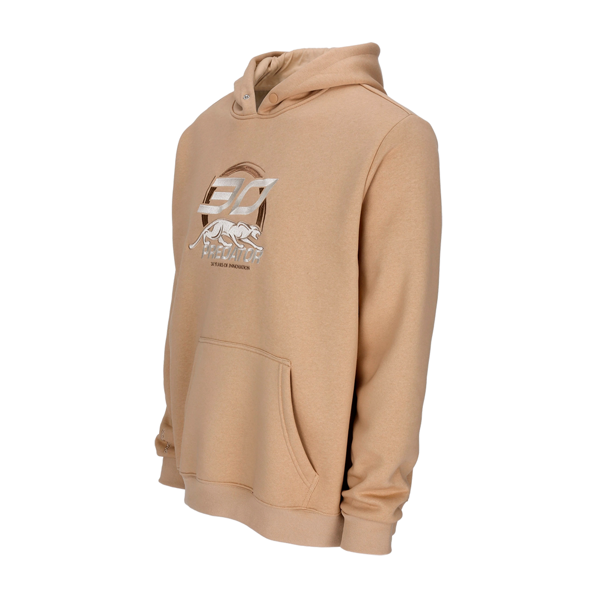 Light brown hoodie with white 30 PREDATOR logo on a white background.