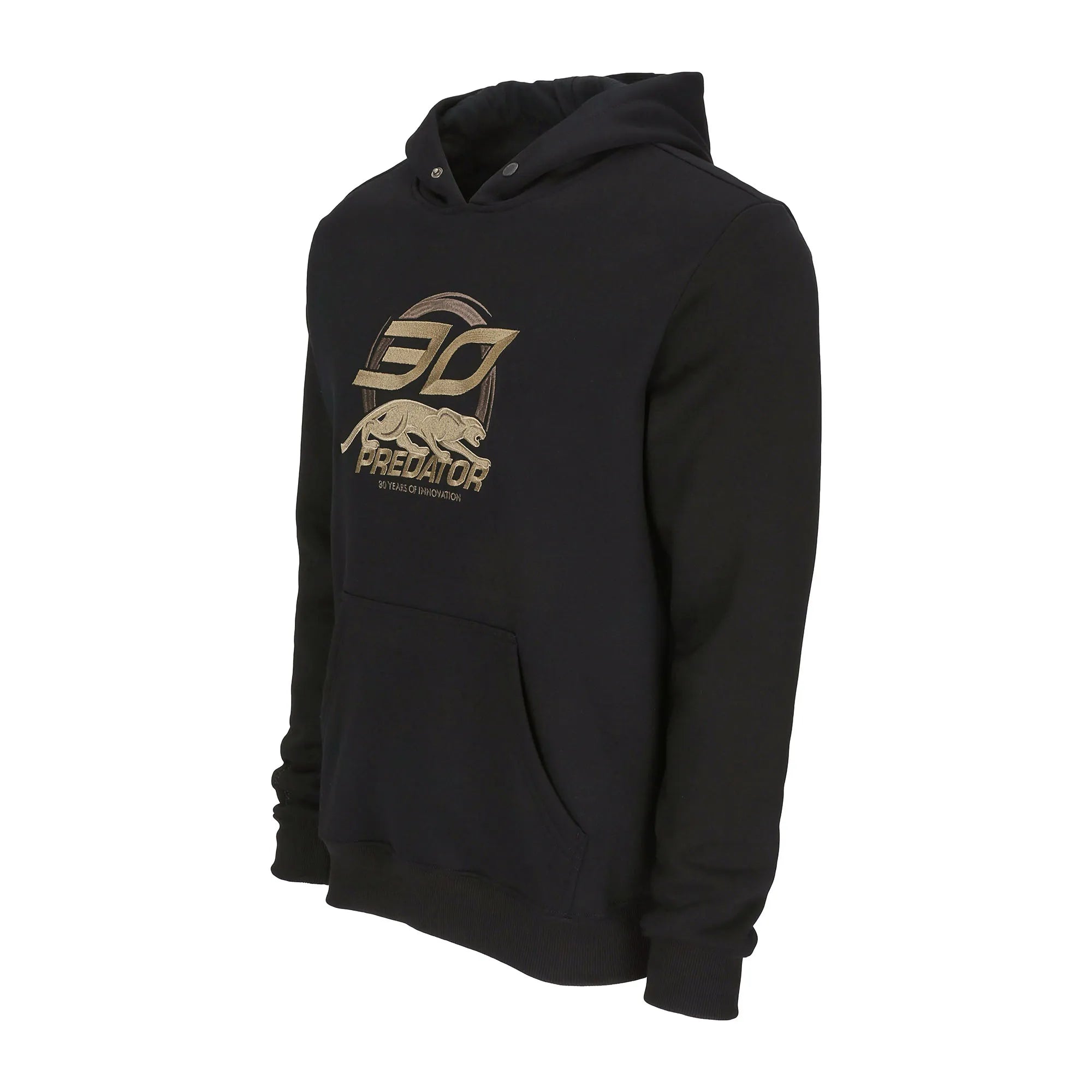 Black hoodie with light brown 30 Predator logo on a white background.
