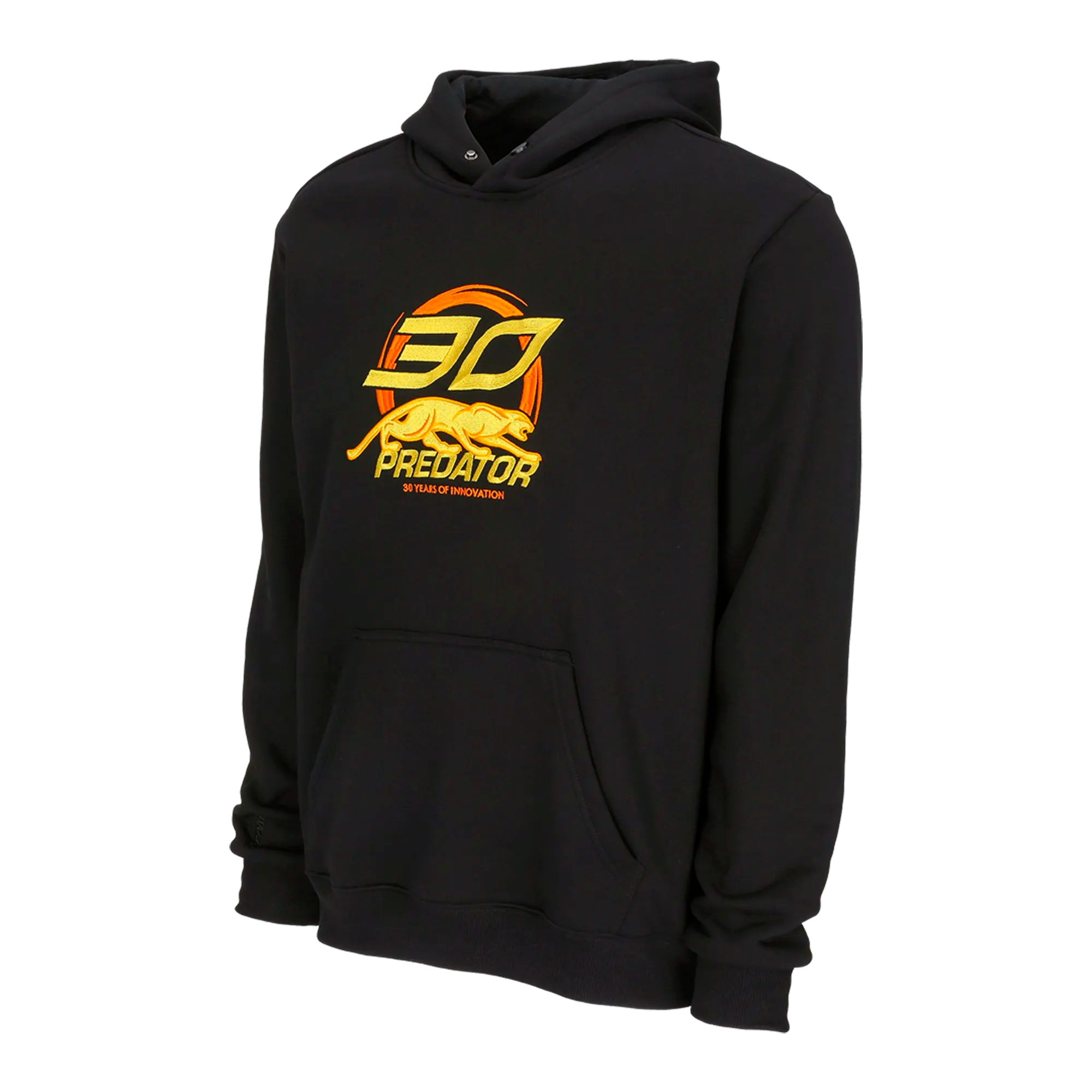 Black hoodie with yellow and orange 30 PREDATOR logo on a white background.