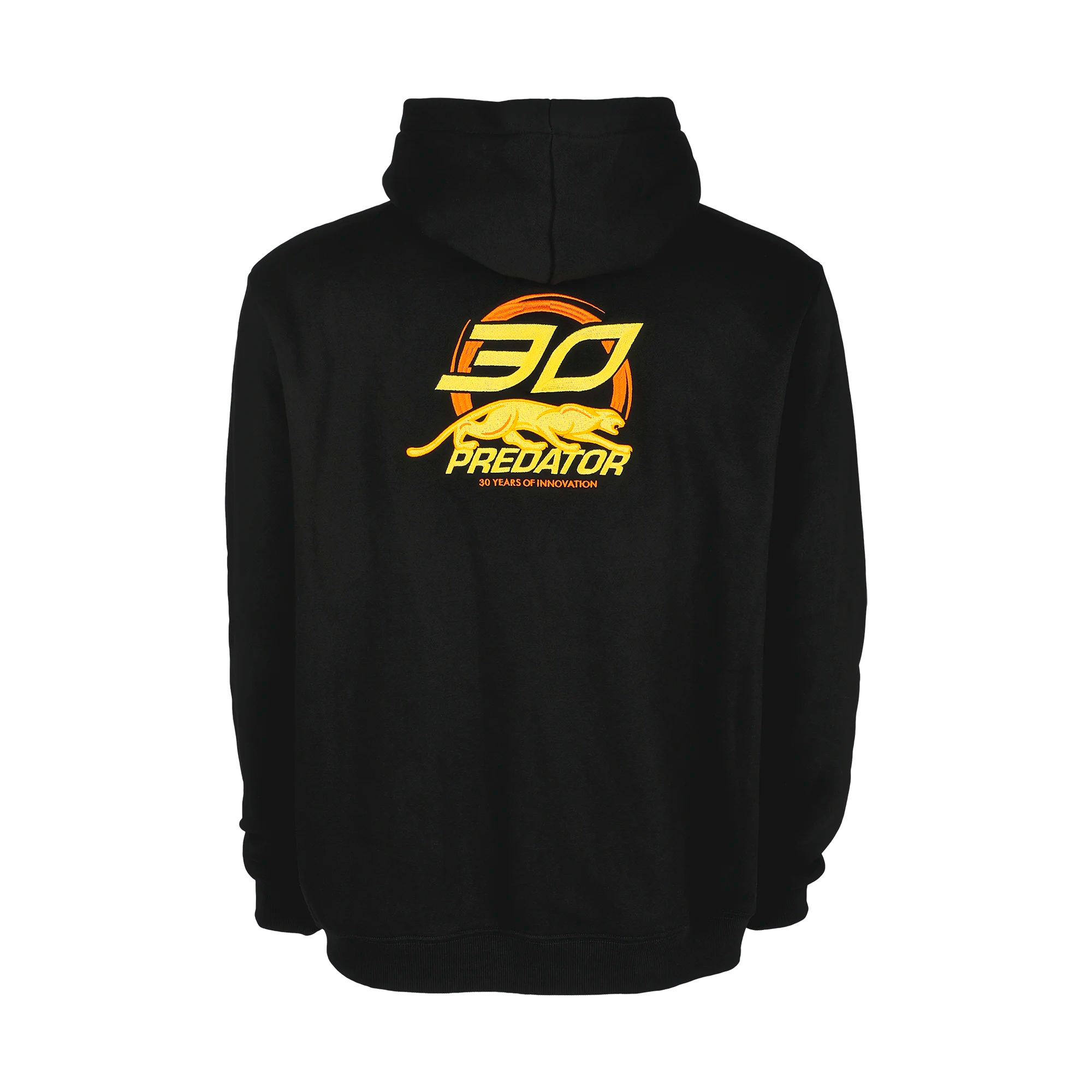 Black hoodie with yellow and orange logo on the back against a white background.