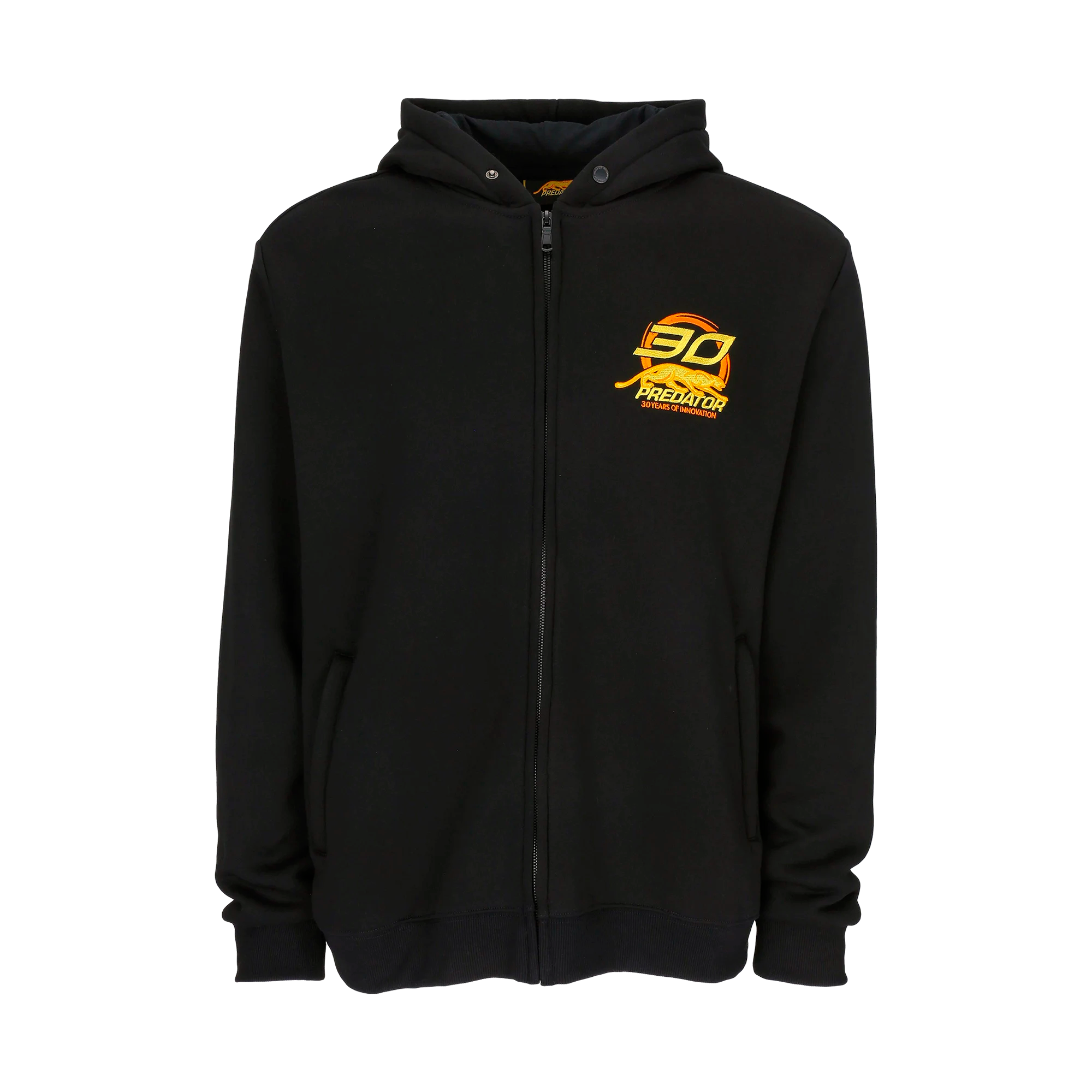 Black hoodie with a gold and orange Predator logo on the chest against a white background.