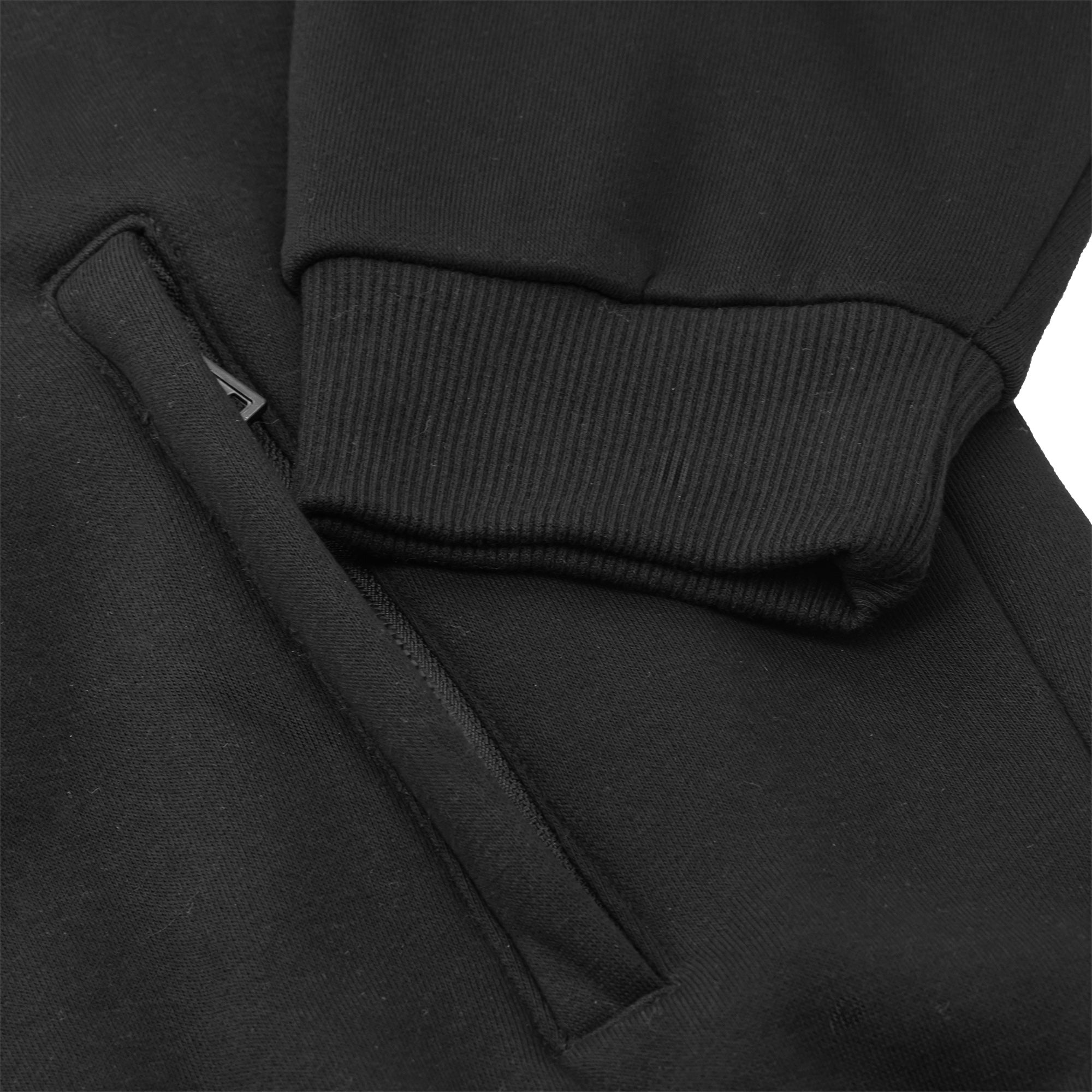 Close-up of black sweatshirt cuff and zippered pocket.