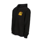 Black hoodie with a gold and orange logo on the chest against a white background.