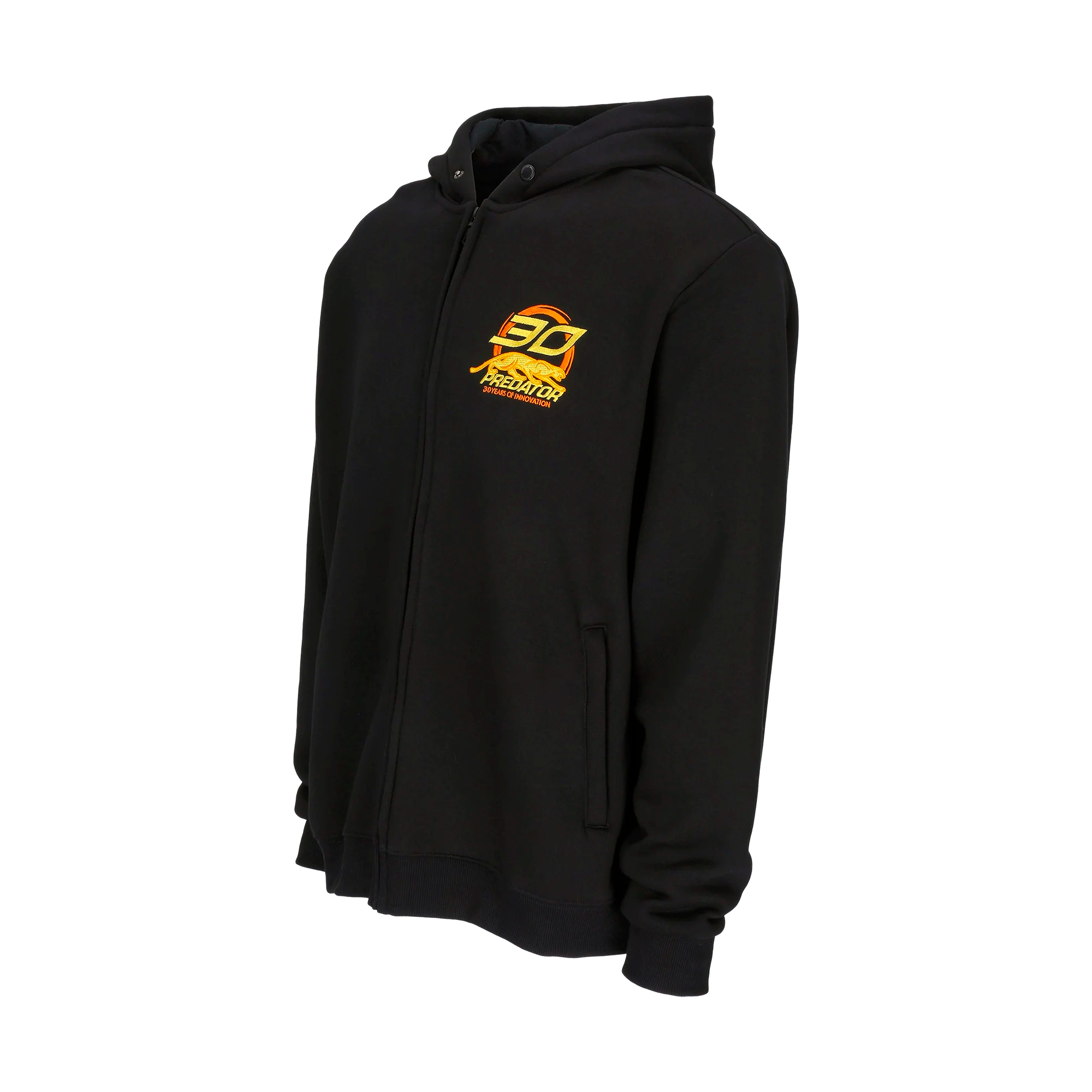 Black hoodie with a gold and orange logo on the chest against a white background.