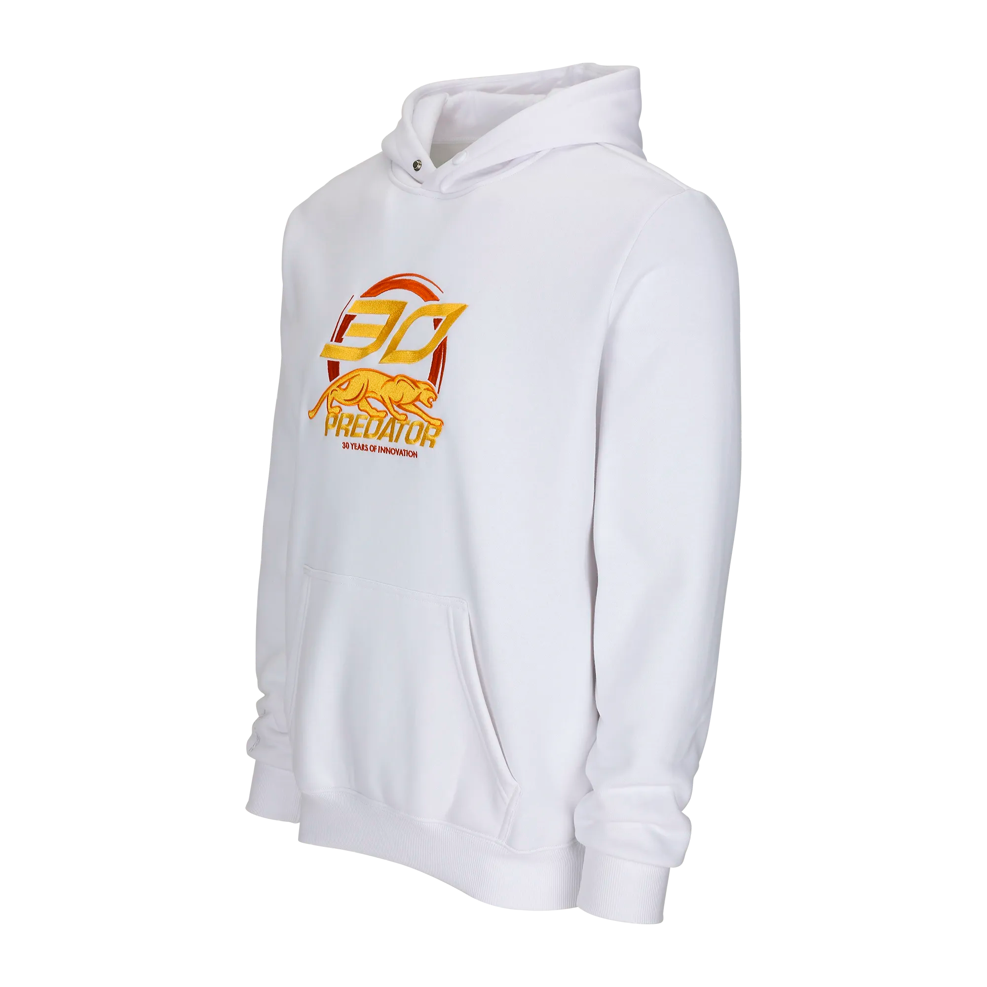 White hoodie with gold and orange 30 PREDATOR logo on a white background.