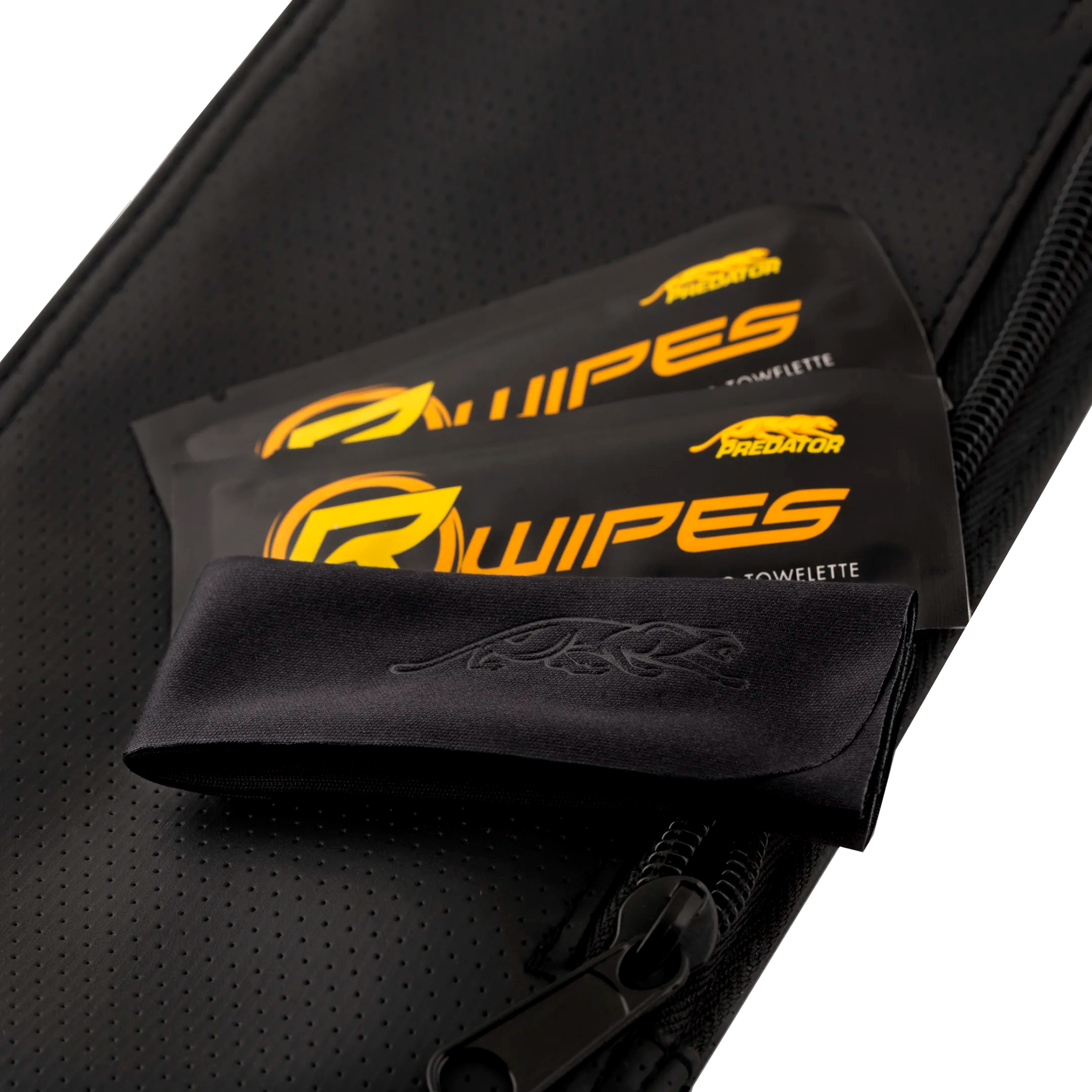 Black pouch with REVO Wipes packaging featuring yellow text on a black background.