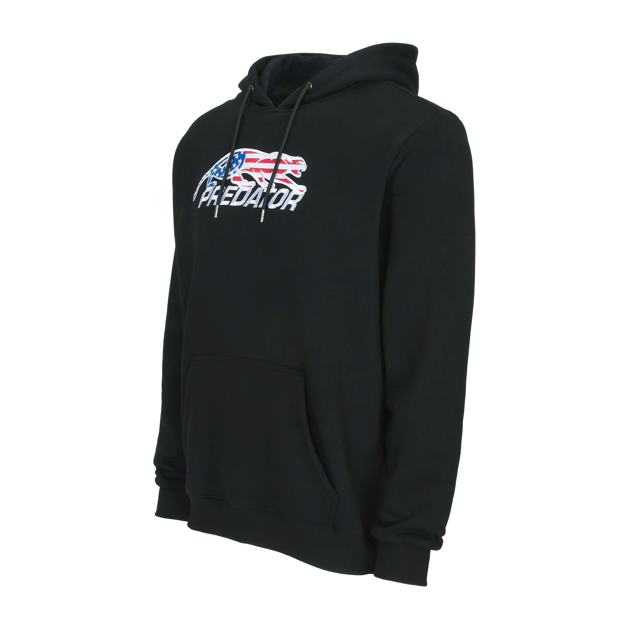 Black hoodie with United States flag Predator logo against a white background.
