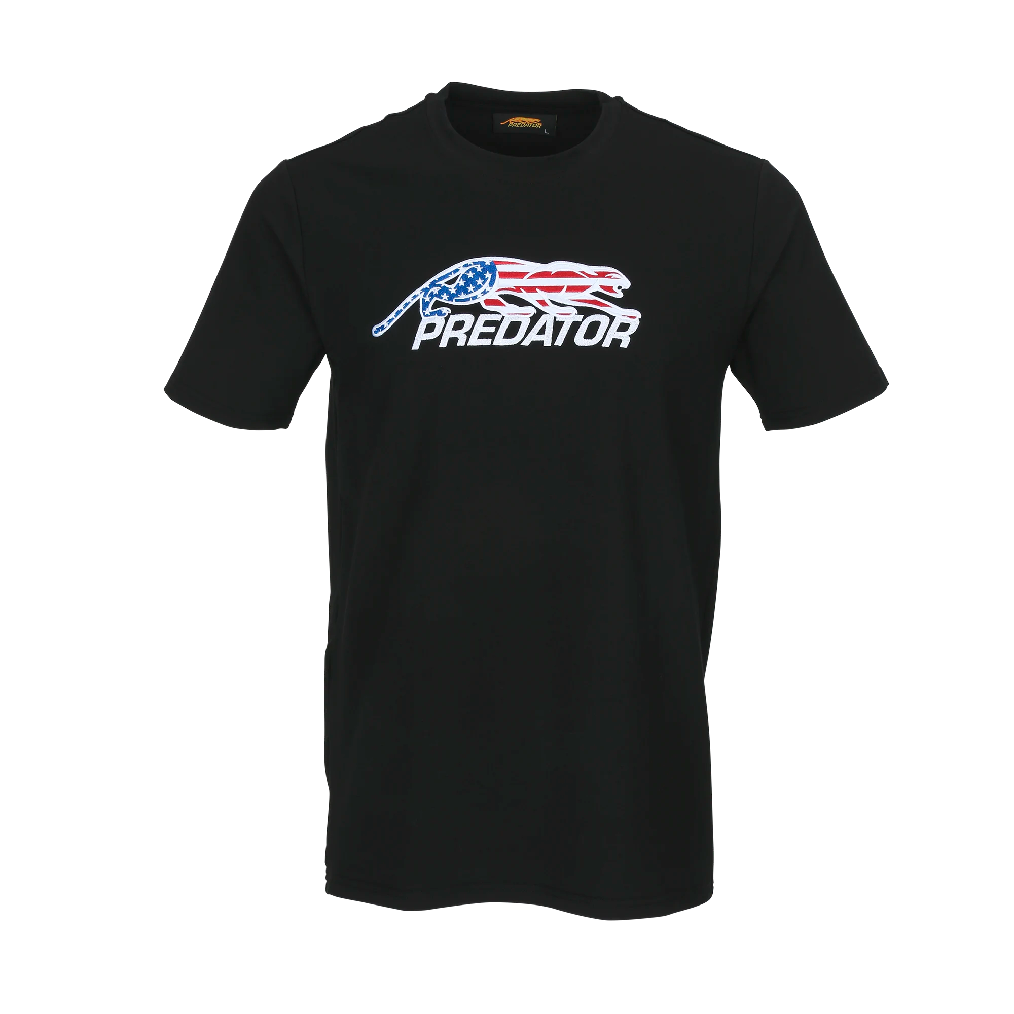 Black t-shirt with 'Predator' logo featuring an American flag design on a white background.