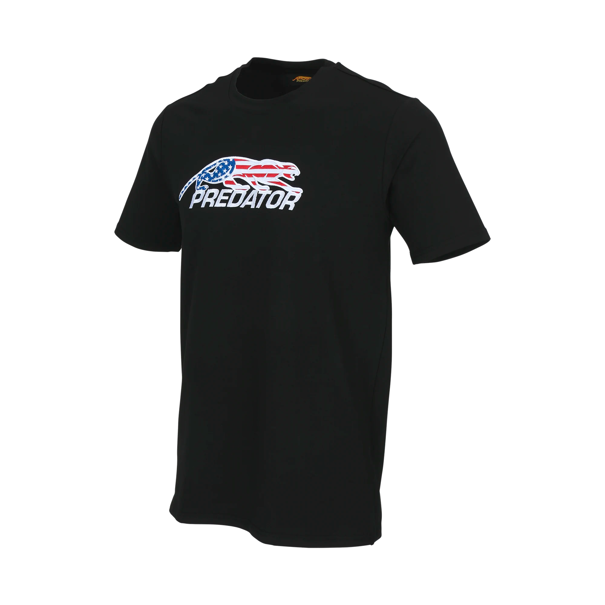 Black t-shirt with United States flag Predator logo against a white background.