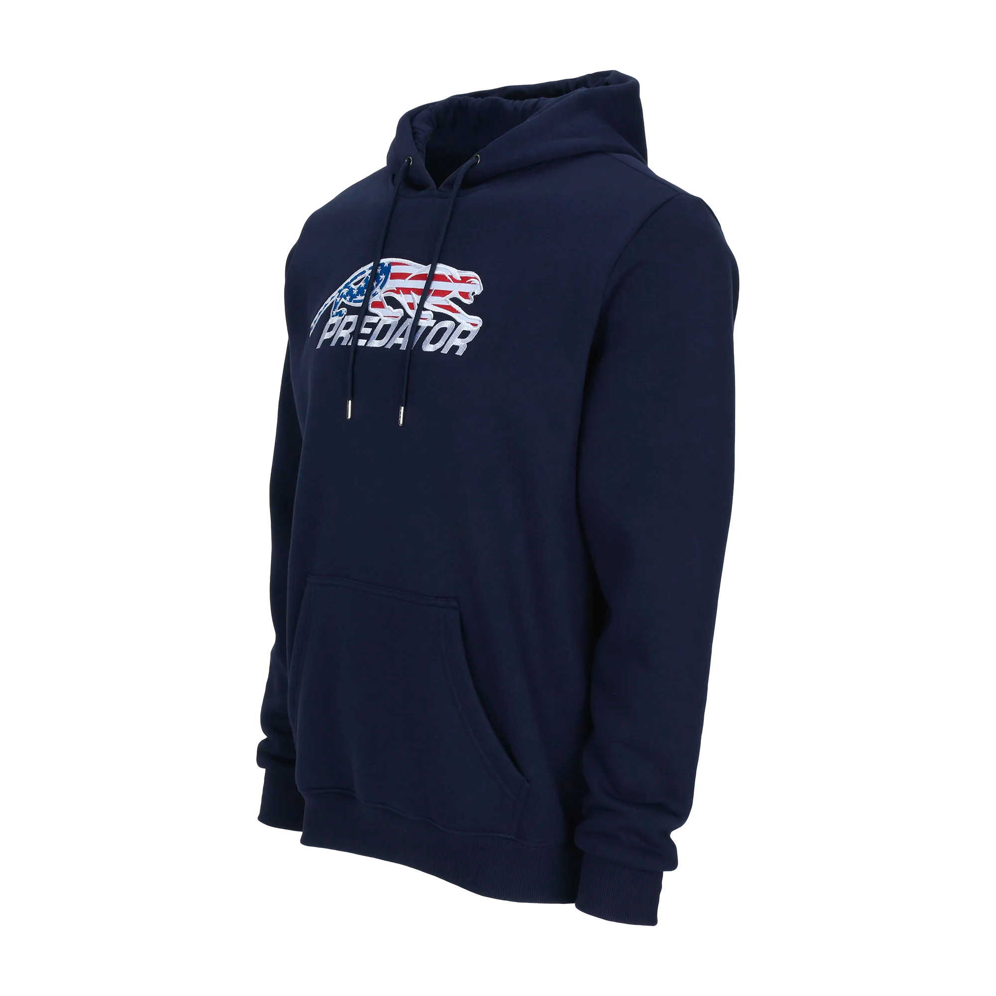 Navy blue hoodie with United States flag Predator logo against a white background.