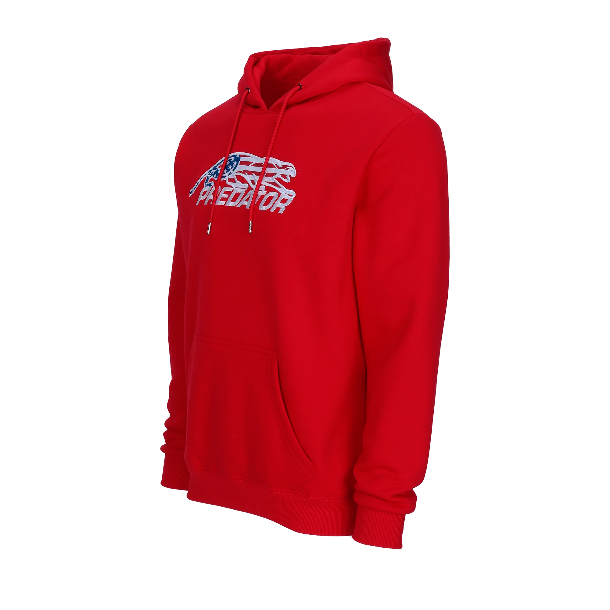 Red hoodie with United States flag Predator logo against a white background.