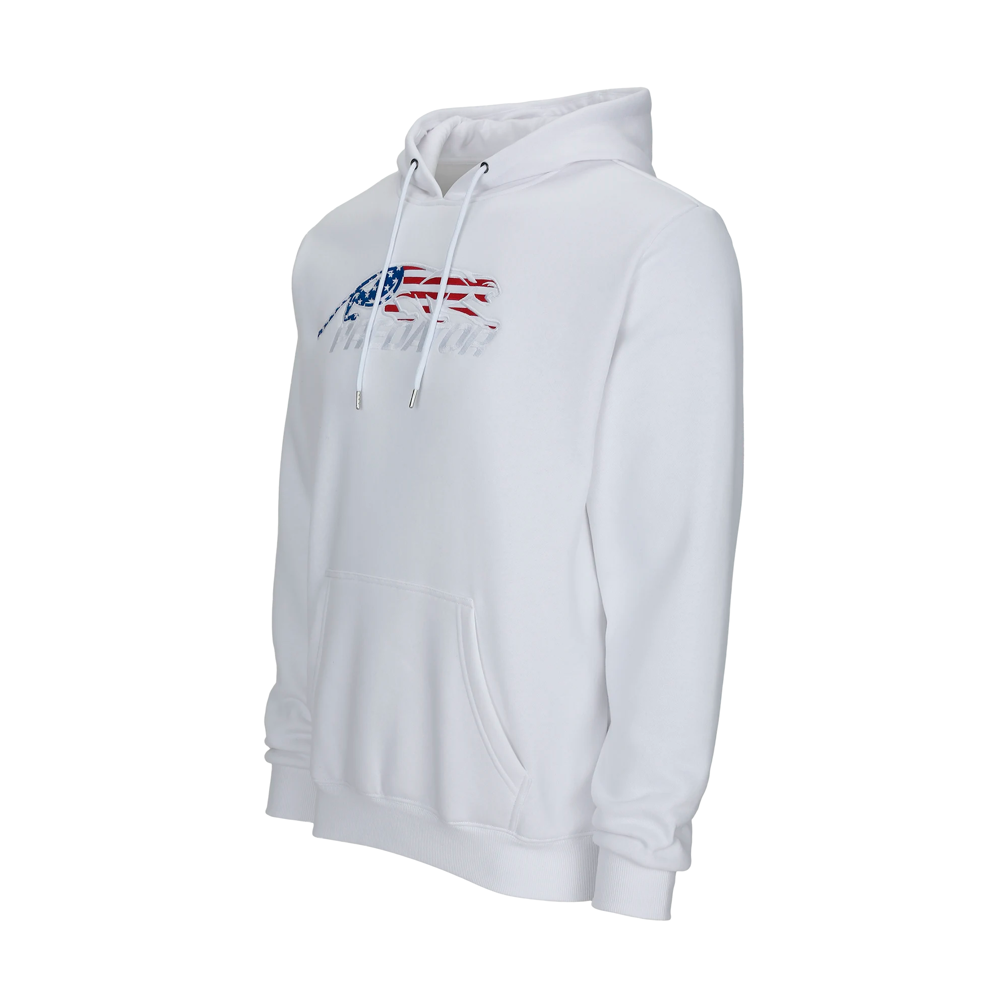 White hoodie with United States flag Predator logo against a white background.