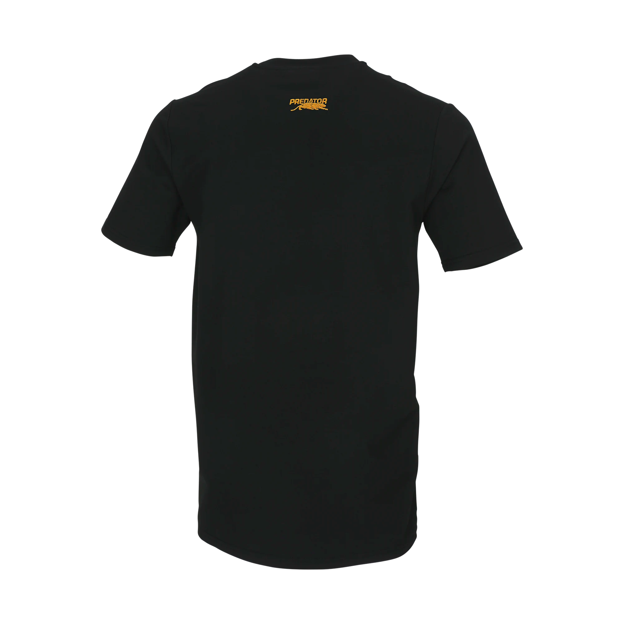 Back view of black t-shirt with gold Predator logo against a white background.