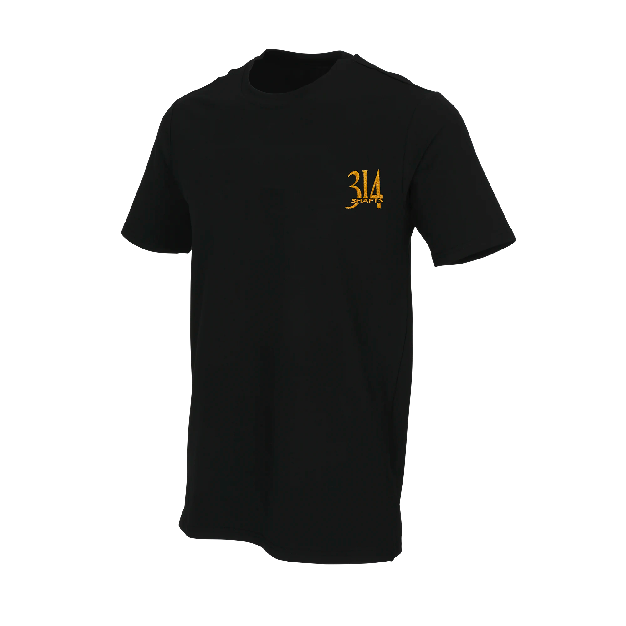 Black t-shirt with gold embroidered 314 Shafts logo against a white background.