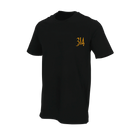 Black t-shirt with gold embroidered 314 Shafts logo against a white background.