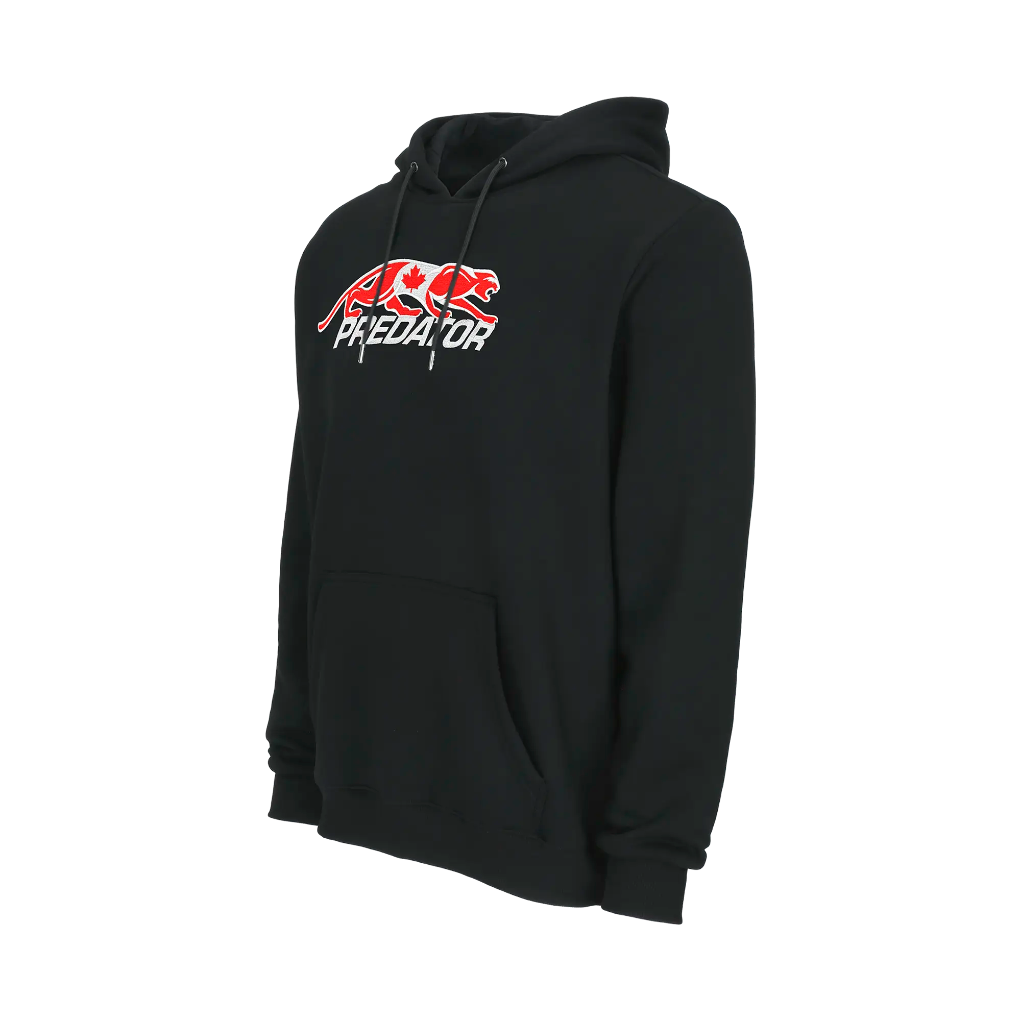 Black hoodie with Canadian flag Predator logo on white background.