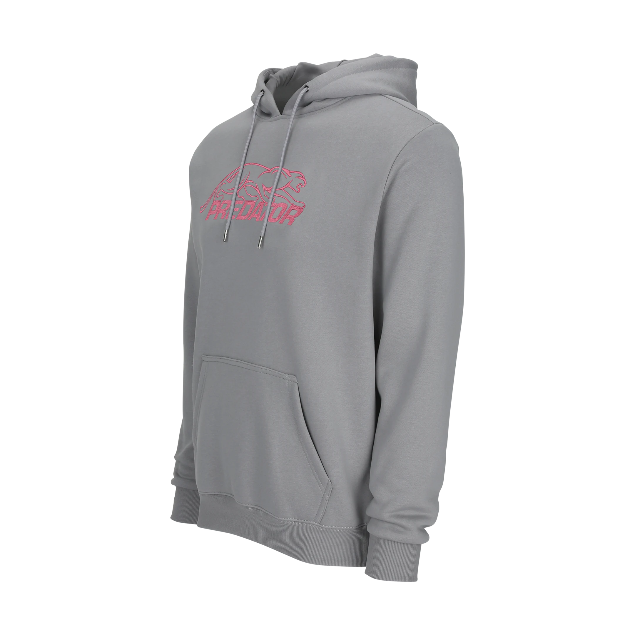 Grey hoodie with pink embroidered Predator logo against a white background.