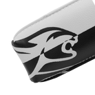 Close-up of logo on Predator Hard Pool Cue Case - White/Black - 1 Butt x 1 Shaft at 30 degree angle