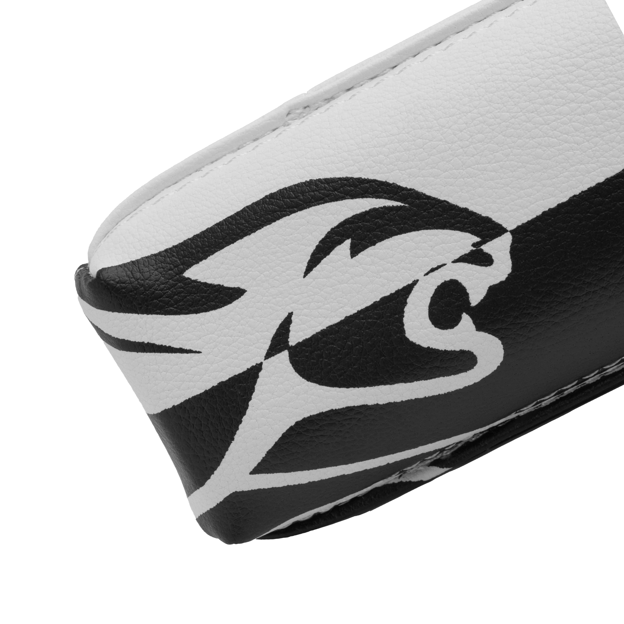 Close-up of logo on Predator Hard Pool Cue Case - White/Black - 1 Butt x 1 Shaft at 30 degree angle