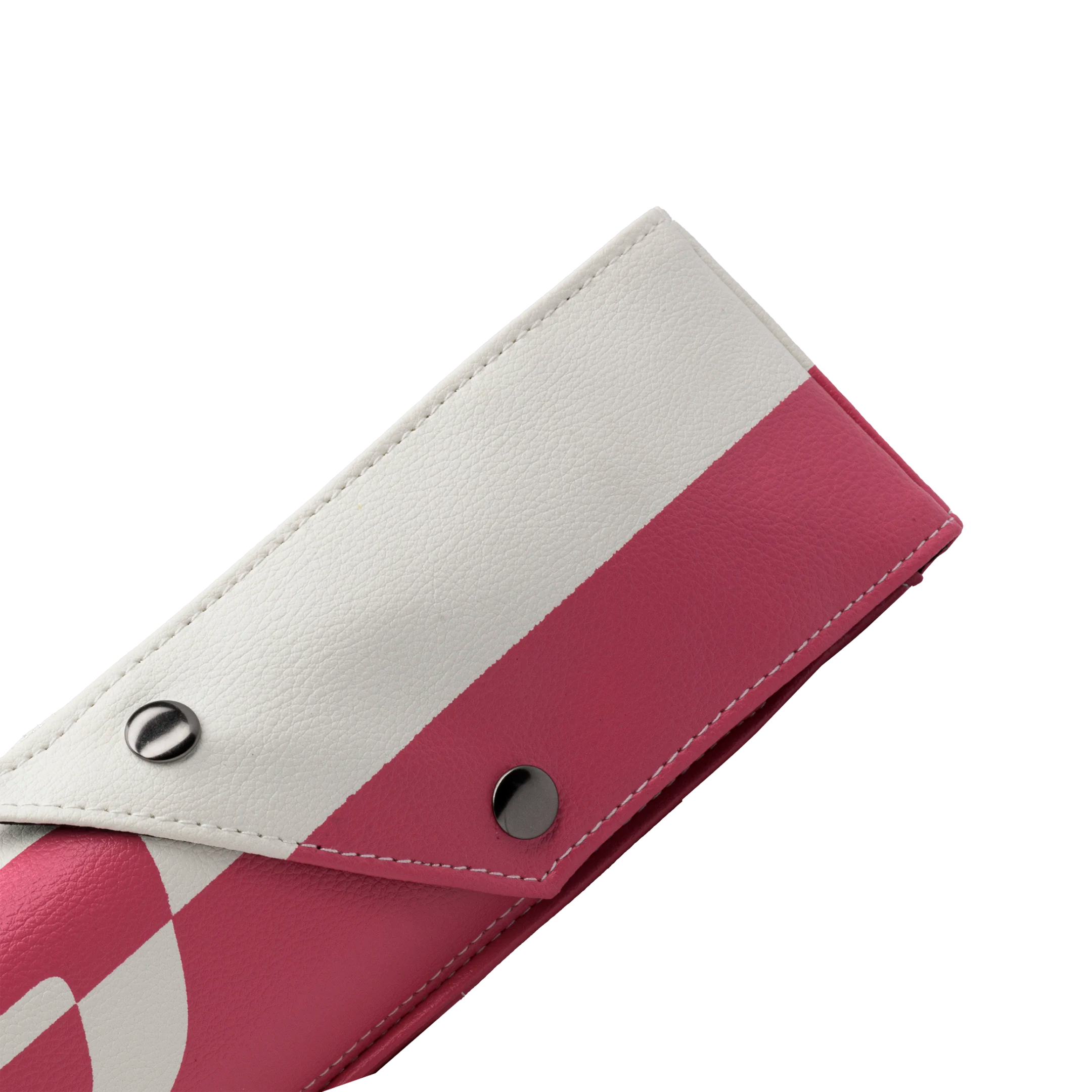 Close up top flap of Predator Hard Pool Cue Case - White Pink - 1 Butt x 1 Shaft at 30 degree angle